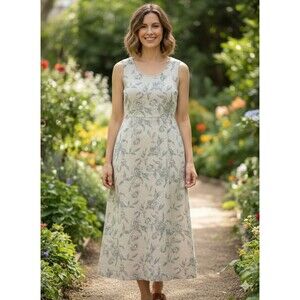 Vintage Erika & Co Dress Women’s S Linen Cotton Blend Midi Floral Boho‎ Cottage